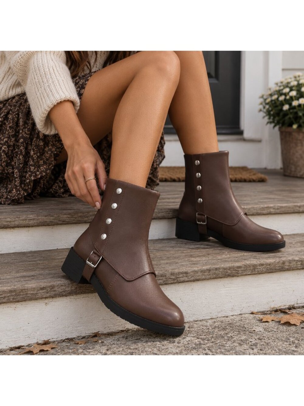 Studded Fold-Over Cuff Harness Buckle Slip-On Faux Leather Western Ankle Boots